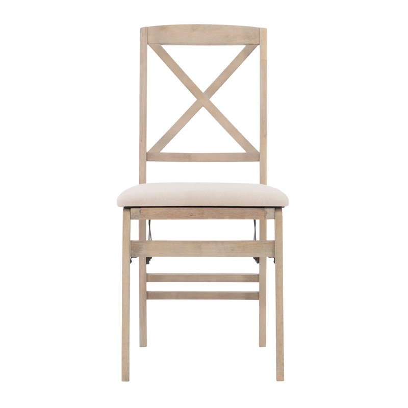 Linon Triena X-Back Set of Two Folding Chairs Padded Seat in Graywash Wood