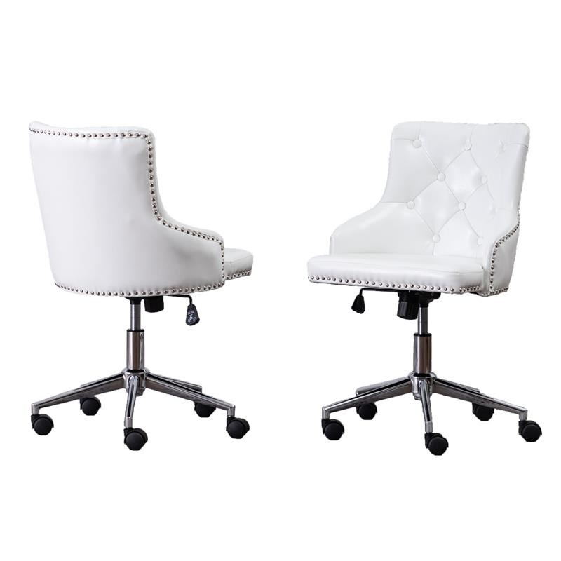 Swivel Office Chair in White Faux Leather with Stainless Steel and Tufted Seat