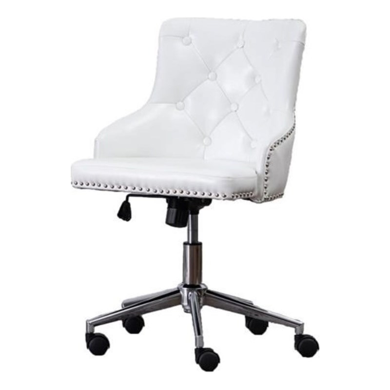 Swivel Office Chair in White Faux Leather with Stainless Steel and Tufted Seat