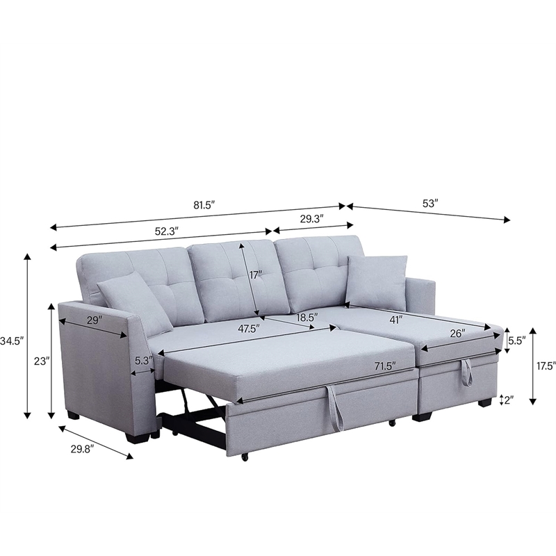 Alexent 3-Seat Modern Fabric Sleeper Sectional Sofa with Storage in Ash