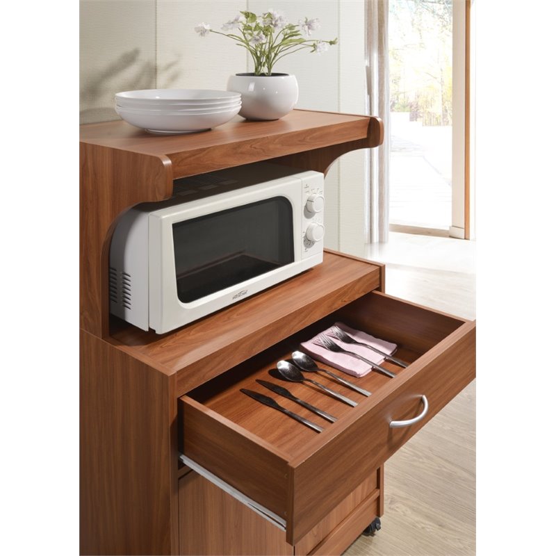 Hodedah Microwave Contemporary Wooden Kitchen Cart in Cherry Finish