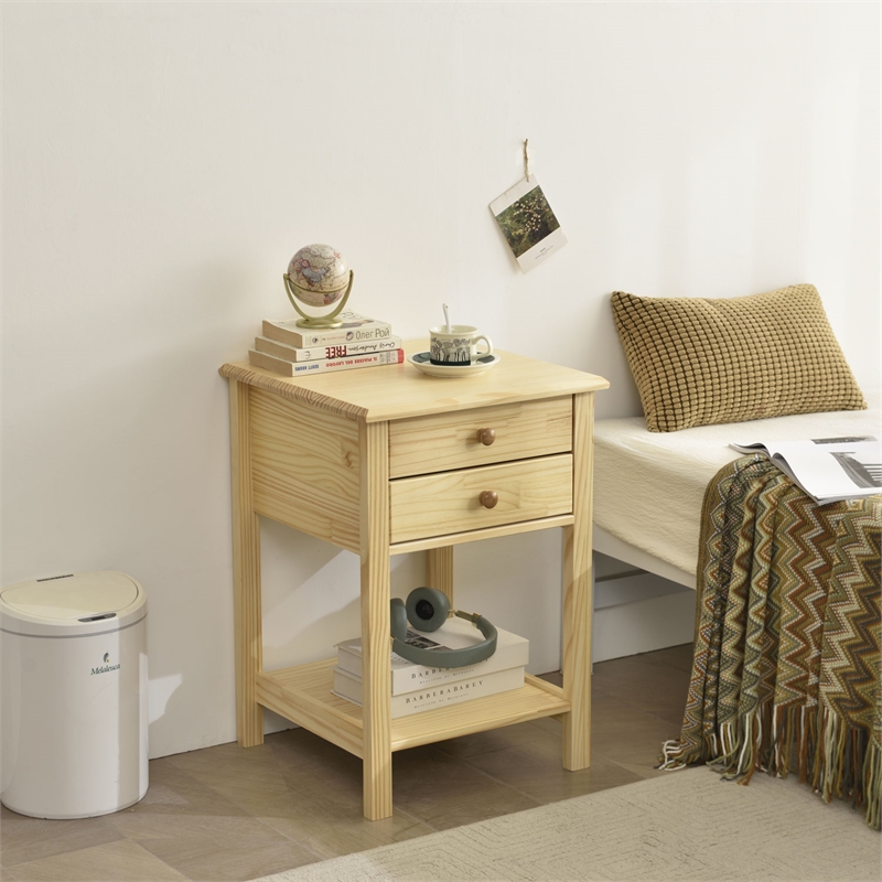 Better Home Products Solid Pine Wood 2 Drawer Nightstand in Natural