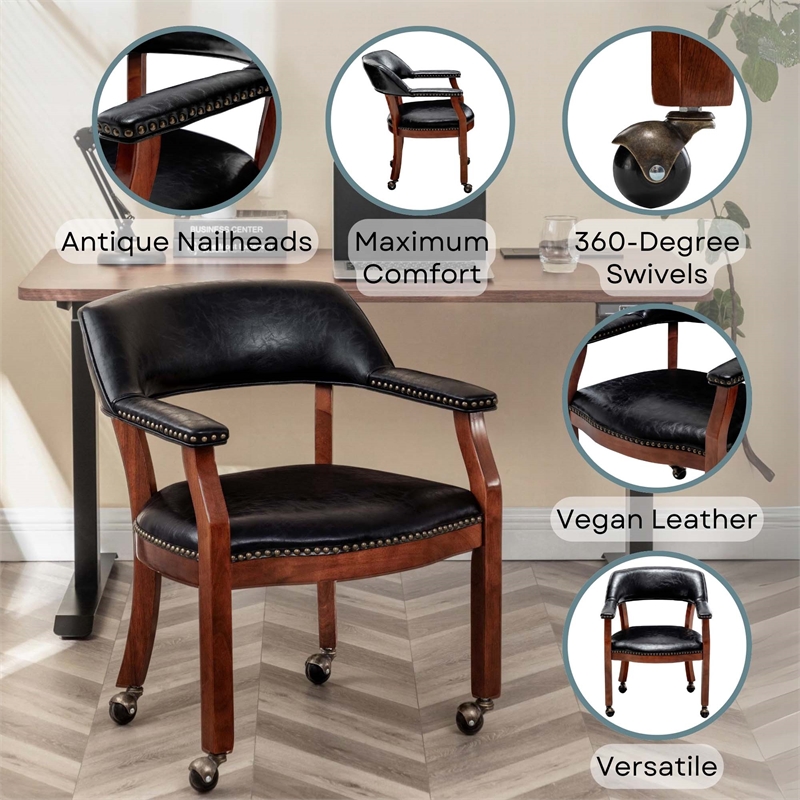 Take a Seat Dillon Armchair with Wheels in Black Faux Leather Fabric