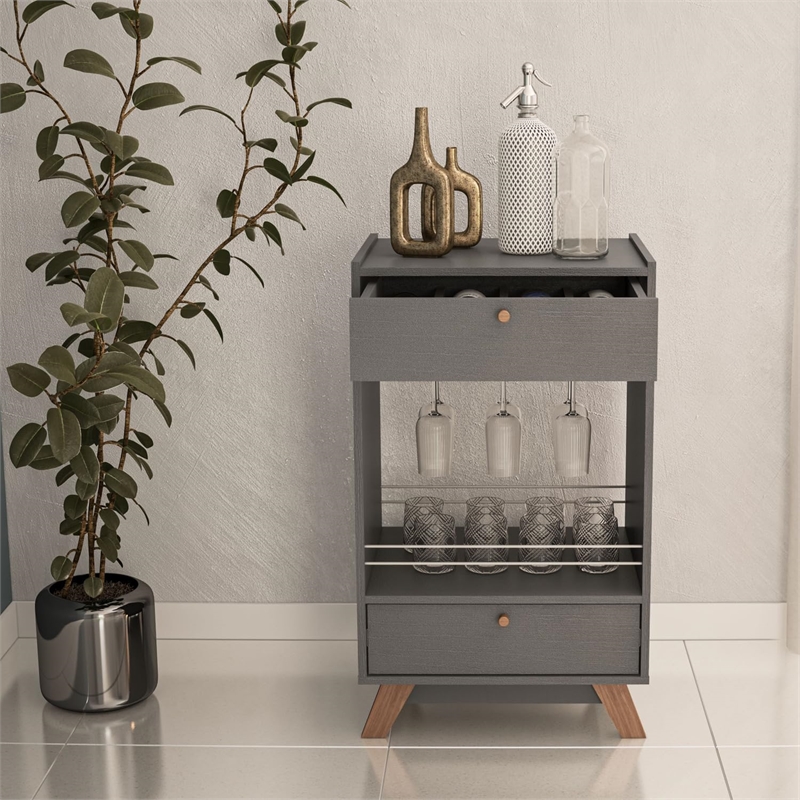Boahaus Belfast 2-Drawer Modern Wood Mini Bar with Open Shelf in Gray