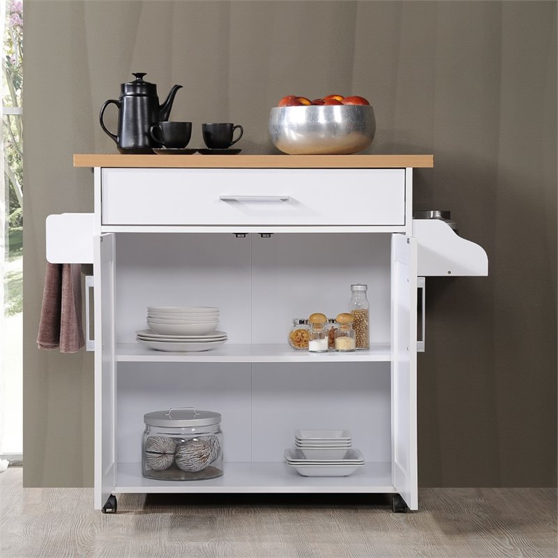 Hodedah Kitchen Island with Spice Rack plus Towel Holder in White Wood