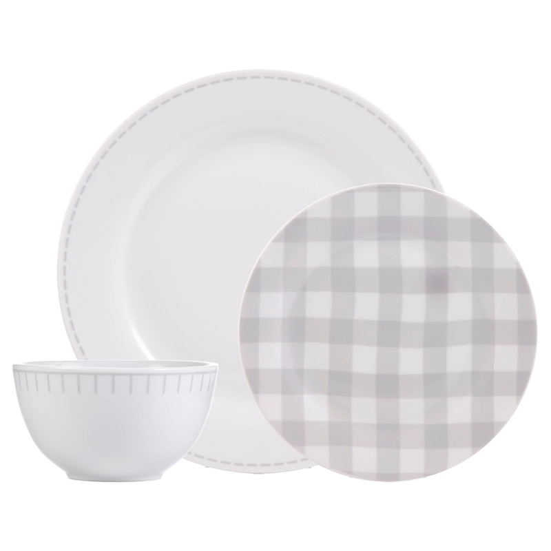 Safdie & Co. Porcelain Dinnerset 12 Piece Rim Rustic Cottage Grey/White