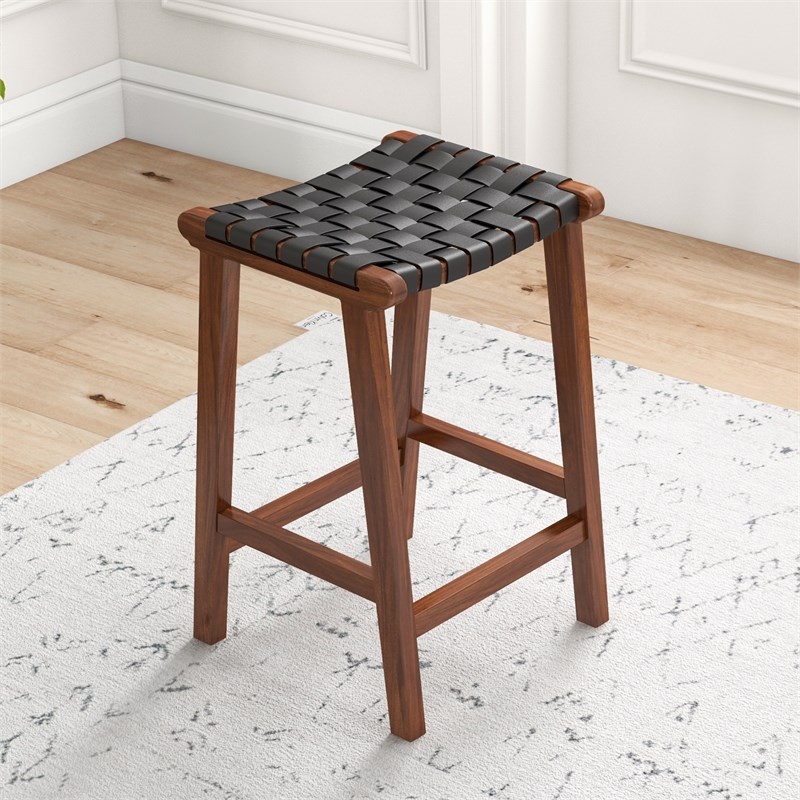 Phuket Mid Century Modern Saddle Genuine Leather Counter Stool in Black
