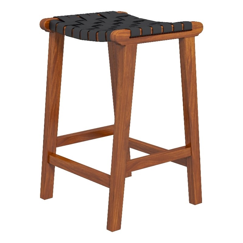 Phuket Mid Century Modern Saddle Genuine Leather Counter Stool in Black