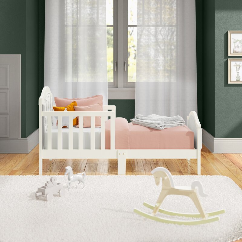 Orbelle Contemporary Solid Wood Toddler Bed in French White/Padded Gray