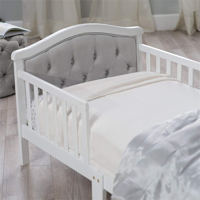 Orbelle Contemporary Solid Wood Toddler Bed in French White/Padded Gray
