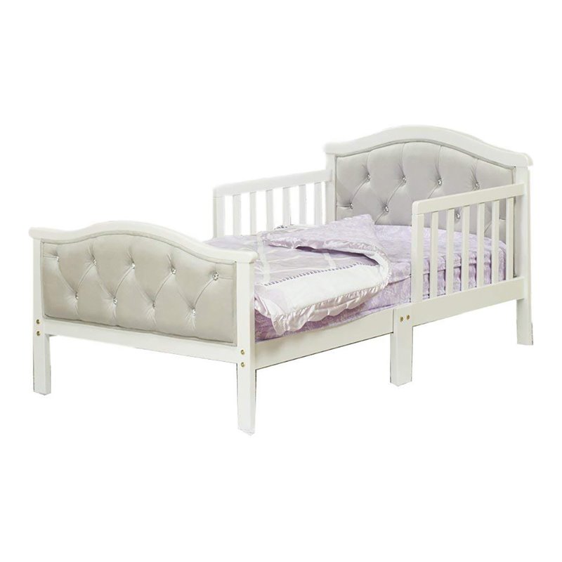 Orbelle Contemporary Solid Wood Toddler Bed in French White/Padded Gray