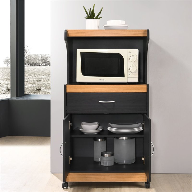 Hodedah Microwave Contemporary Wooden Kitchen Cart in Black-Beige Finish