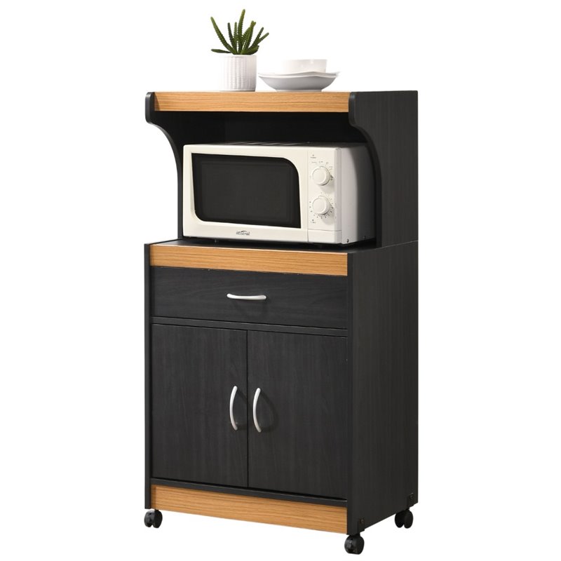 Hodedah Microwave Contemporary Wooden Kitchen Cart in Black-Beige Finish