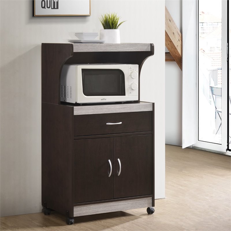 Hodedah Microwave Contemporary Wooden Kitchen Cart in Chocolate-Grey Finish