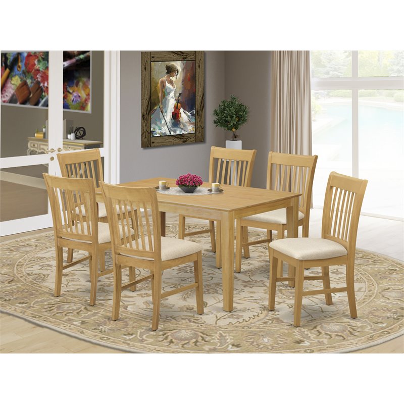 East West Furniture Capri 7-piece Wood Dining Set with Fabric Chairs in Oak