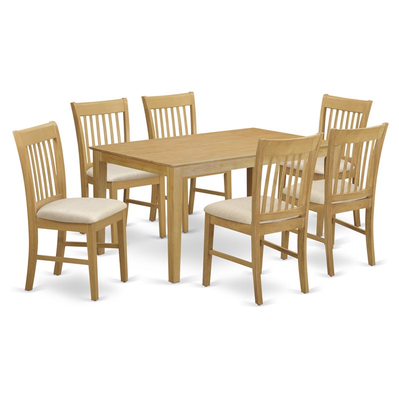 East West Furniture Capri 7-piece Wood Dining Set with Fabric Chairs in Oak