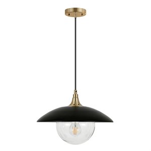 Henn&Hart 14.5&quot Matte Black/Brass Finish Metal/Glass Pendant