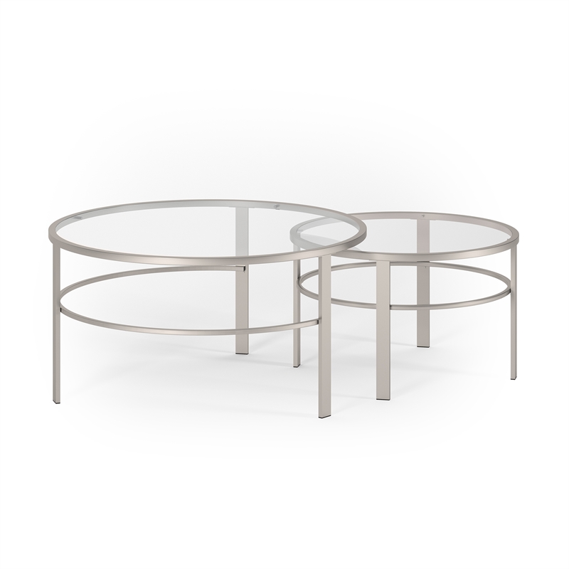 Henn&Hart 2 Piece Nested Metal & Glass Coffee Table in Satin Nickel and Gray