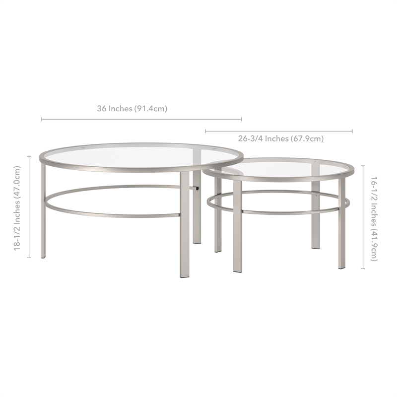 Henn&Hart 2 Piece Nested Metal & Glass Coffee Table in Satin Nickel and Gray