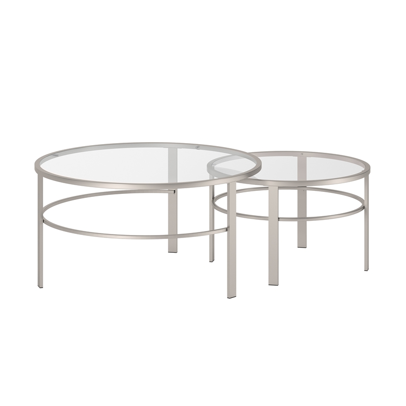 Henn&Hart 2 Piece Nested Metal & Glass Coffee Table in Satin Nickel and Gray