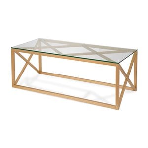 Henn&Hart 17&quot Art Deco Metal Brass Finish Coffee Table with Glass Top