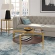 Henn&Hart Mid-Century Brass Metal Round Coffee Table with Walnut Wood Shelf