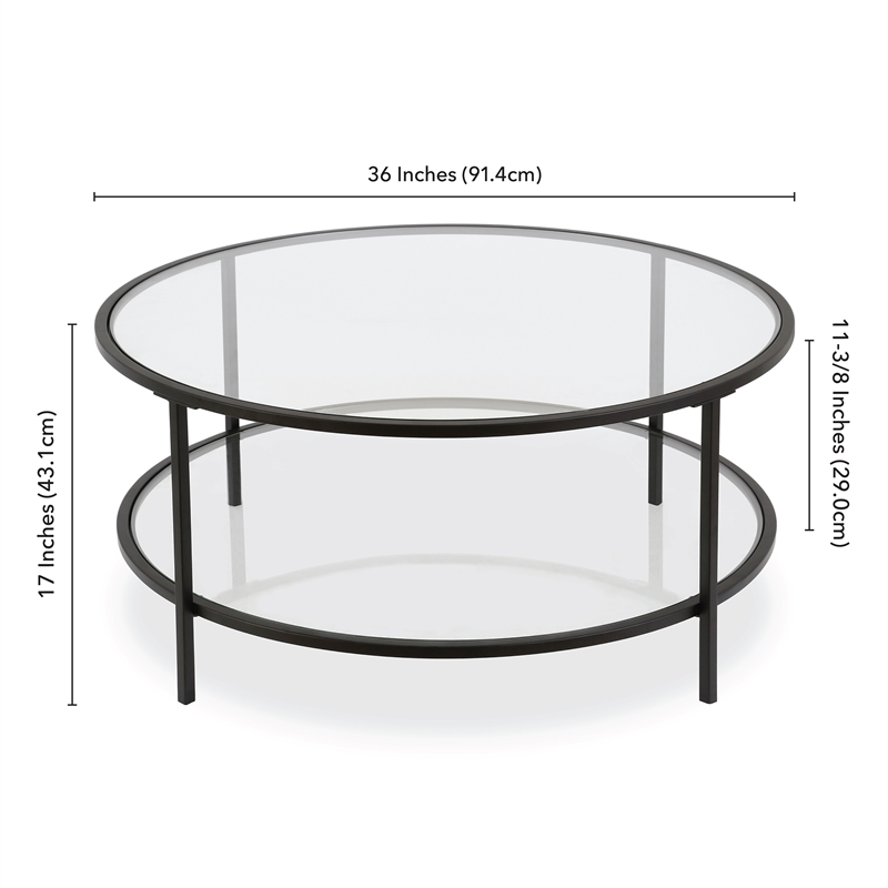 Henn&Hart Metal 36' Round Glass Top Coffee Table in Black and Bronze 