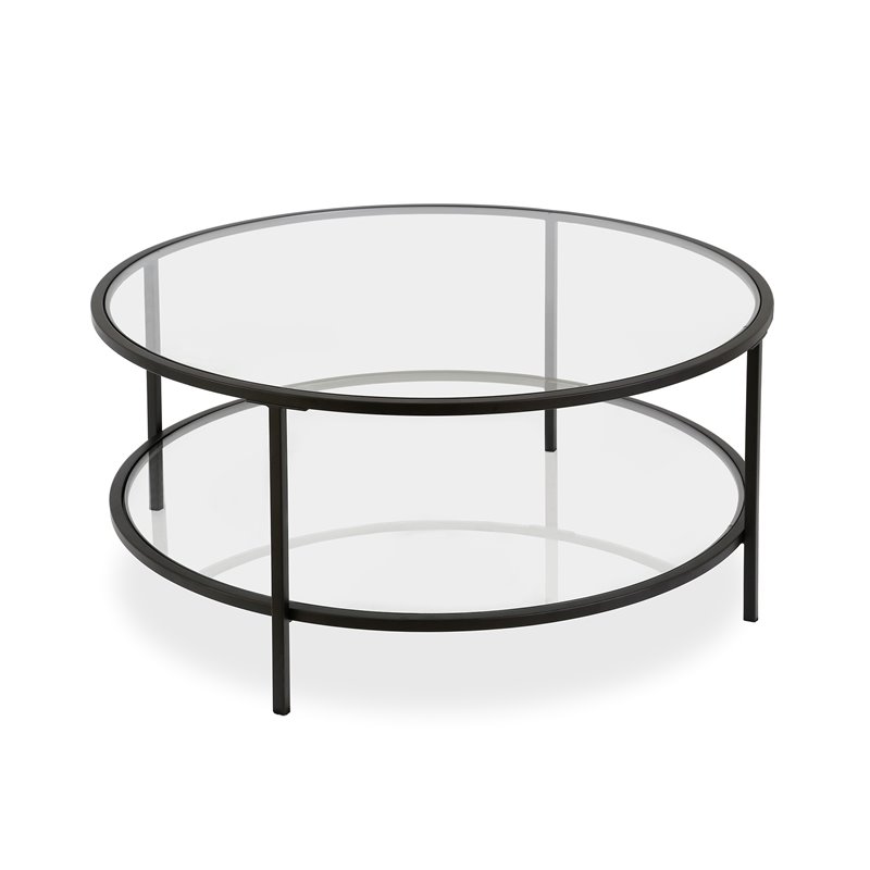 Two Shelf Round Metal Base Coffee Table, Round Glass Top Coffee Table With Metal Base