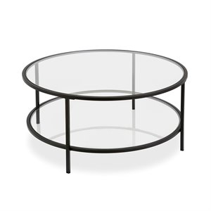 henn&hart two shelf round metal base coffee table glass top