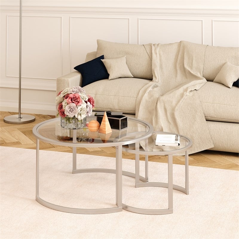 Henn&Hart Metal Two Tier Glass Top Nickel and Gray Coffee Table