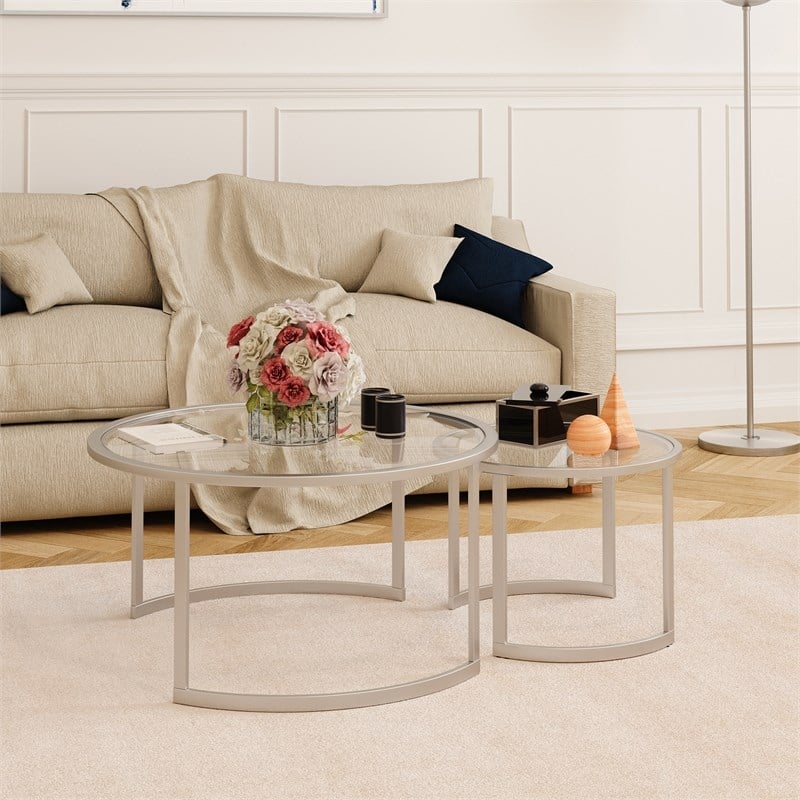 Henn&Hart Metal Two Tier Glass Top Nickel and Gray Coffee Table