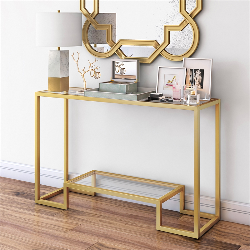henn&hart gold and glass hollywood regency console table at0093