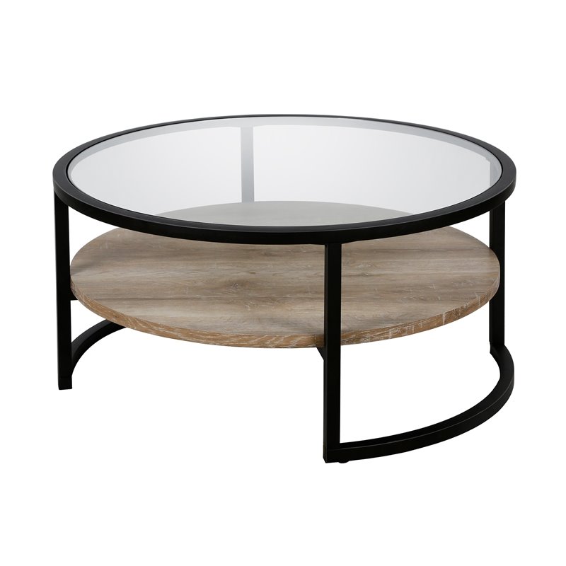 Henn&Hart Black and Bronze Round Metal Coffee Table with Wood Oak Shelf