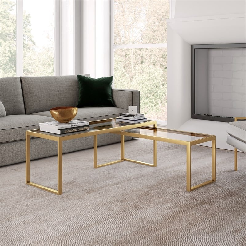 Henn&Hart Metal Rectangle Nested Coffee Tables in Gold and Brass with Glass Top