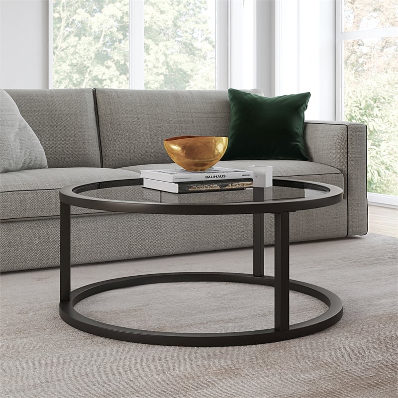 Henn&Hart Metal Round Pedastal Base Coffee Table in Black and Bronze Finish