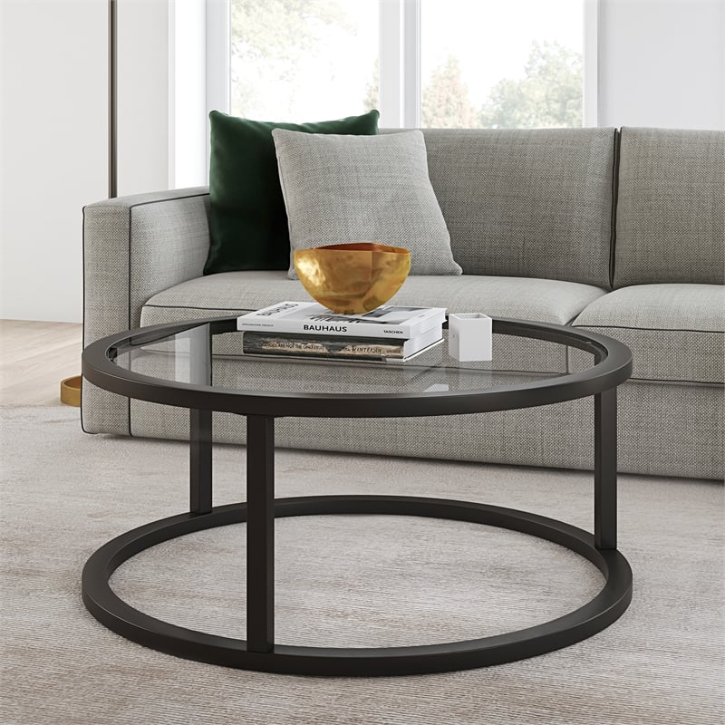 Henn&Hart Metal Round Pedastal Base Coffee Table in Black and Bronze Finish