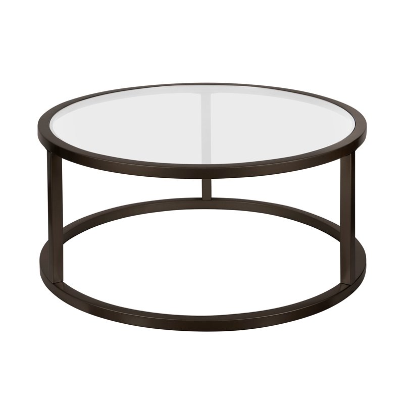 Henn&Hart Metal Round Pedastal Base Coffee Table in Black and Bronze Finish