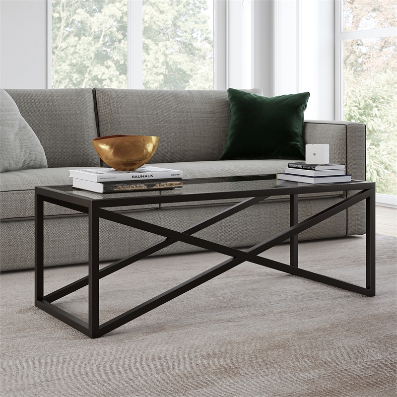 Henn&Hart Black and Bronze Rectangular Coffee Table with Glass Top