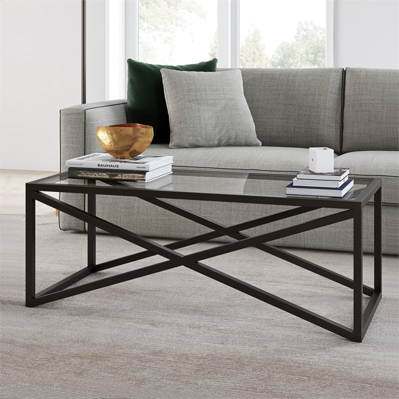 Henn&Hart Black and Bronze Rectangular Coffee Table with Glass Top