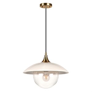 Henn&Hart 14.5&quot Pearled White/Brass Metal/Glass Pendant