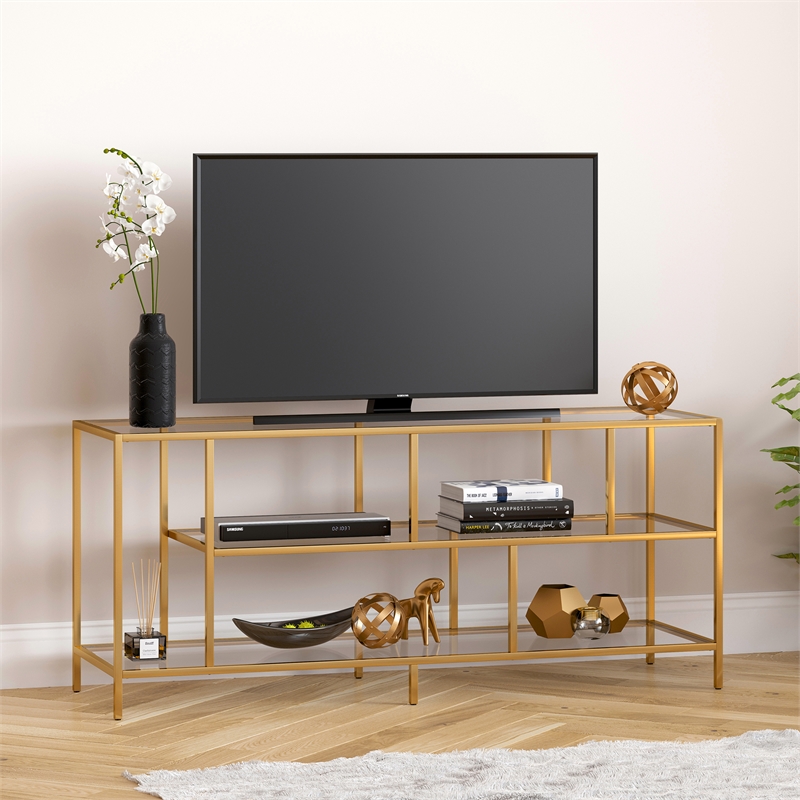 Henn&Hart 55" Metal Brass TV Stand with Glass Shelves Cymax Business