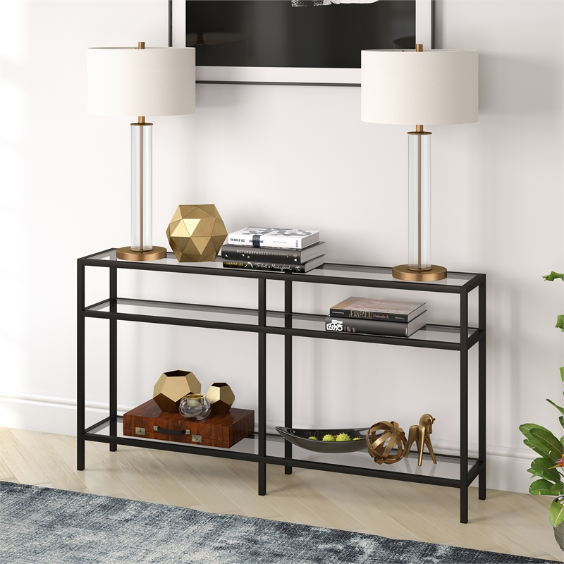Henn&Hart 55" 3-Shelf Metal Black and Bronze Console Table with Glass