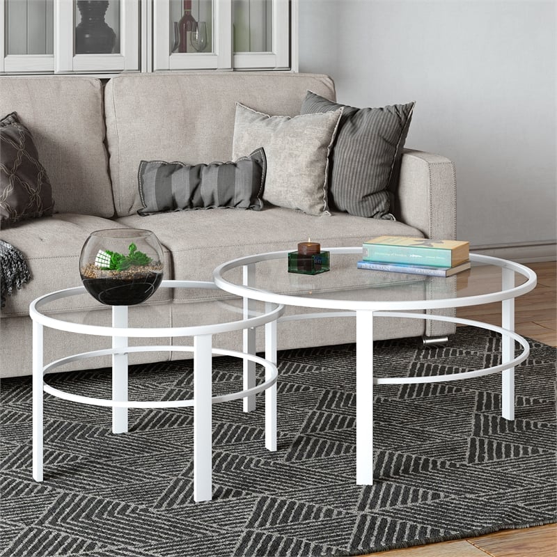 Henn&Hart 2 Piece Nested Metal & Glass Coffee Table in White