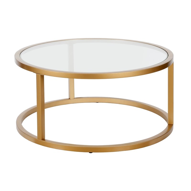 Henn&Hart Metal Round Pedastal Base Coffee Table in Gold and Brass Finish