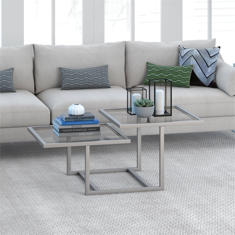 Henn&Hart Metal Two Tier Satin Nickel/Gray Glass Top  Coffee Table