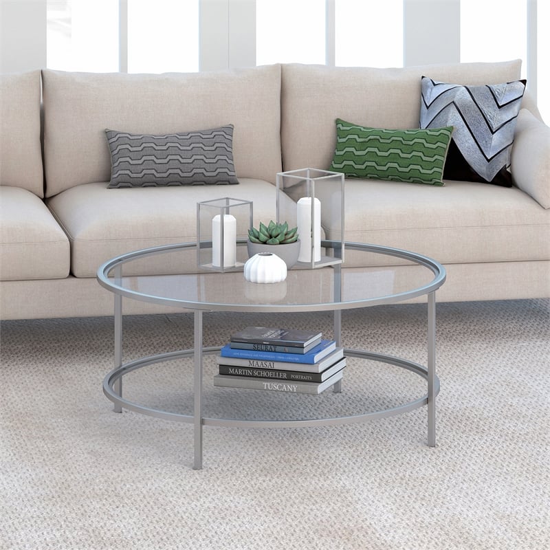 Henn&Hart Two Shelf Round Metal Nickel Coffee Table with Glass Top