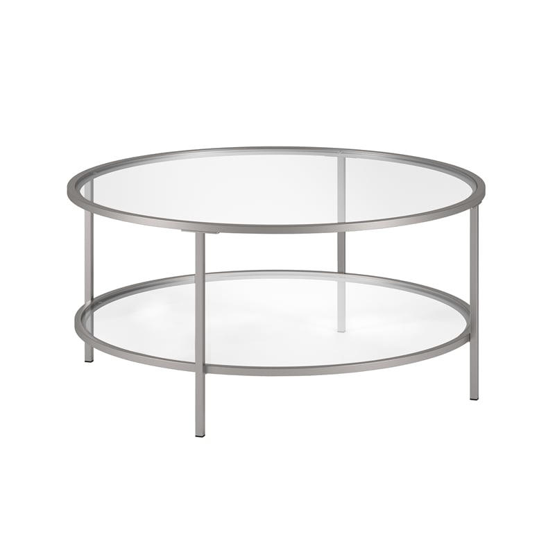 Henn&Hart Two Shelf Round Metal Nickel Coffee Table with Glass Top