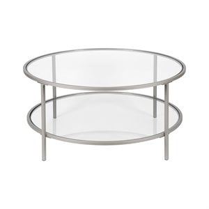 Henn&Hart Two Shelf Round Metal Nickel Coffee Table with Glass Top
