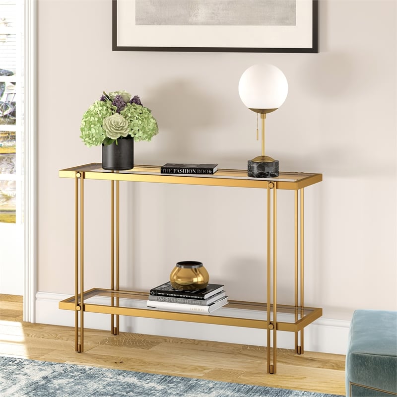 Henn&Hart 42" Brass Metal/Glass Console Table Cymax Business