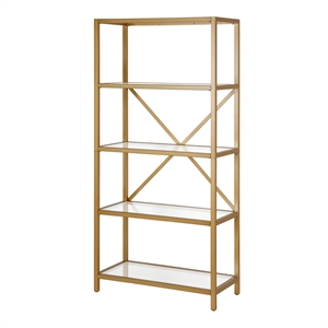 Henn&Hart Metal 63&quot 4 Tier Metal Bookcase Brushed Brass Finish with Glass Top